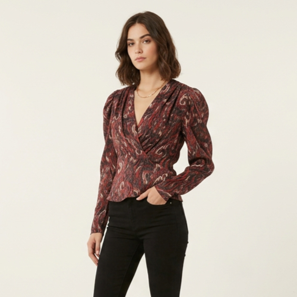 NWT Iro Paris‎ 100% Silk Blouse Zarfi EU sz 40/ M brown red floral faux wrap